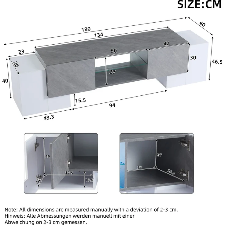 TV-Schrank Lowboard 180x40x46,5 cm mit LED-Beleuchtung & Bluetooth, Weiß/Grau – Bild 9