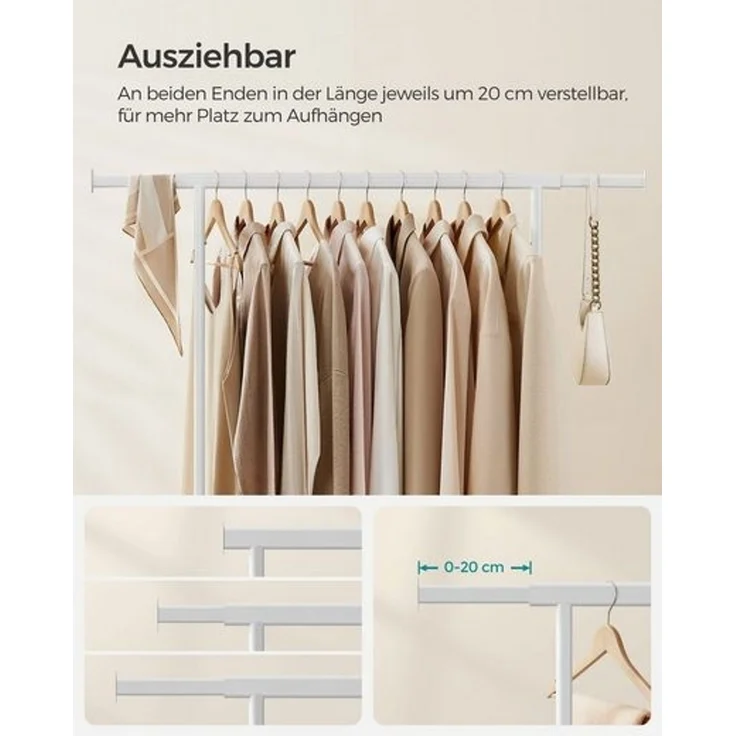 Songmics Garderobenständer auf Rollen bis 90 kg belastbar, Stahl weiß, 45,4 x (92-132) x 160 cm – Bild 5
