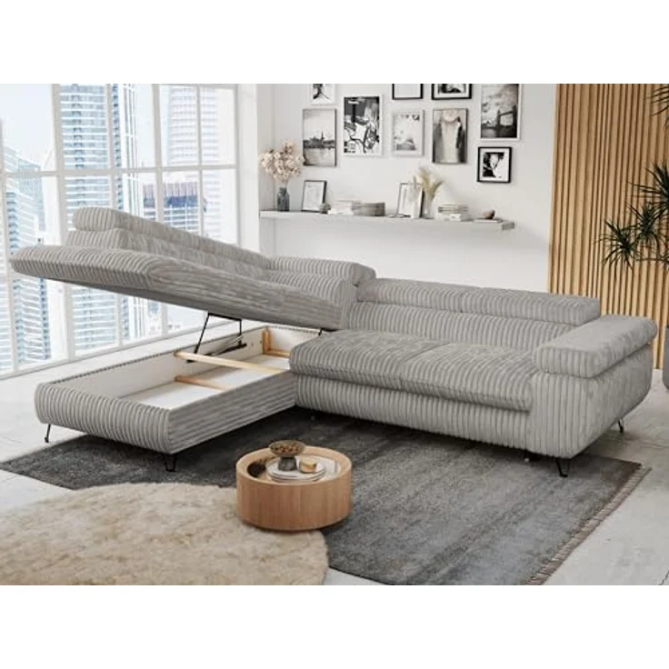 Mks Möbel 'Peter L-form' Ecksofa mit Bettfunktion, Bettkasten & einstellbaren Kopfstützen, Hellgrau, Cord, links – Bild 5