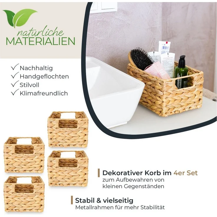 HMF Aufbewahrungskorb Korb geflochten aus Wasserhyazinthe Seegras (4 St), handgefertigter Flechtkorb 22 x 17 x 12 cm – Bild 1