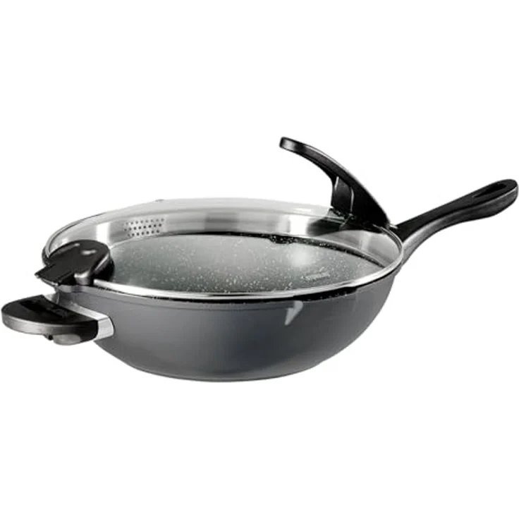 STONELINE Wok, Aluminium (Set, 2-tlg, 1 Wok, 1 Sieb-Glasdeckel, 1 langer Griff, 2 kurze Griffe), mit echten Steinpartikeln, induktionsgeeignet, Designed in Germany – Bild 1