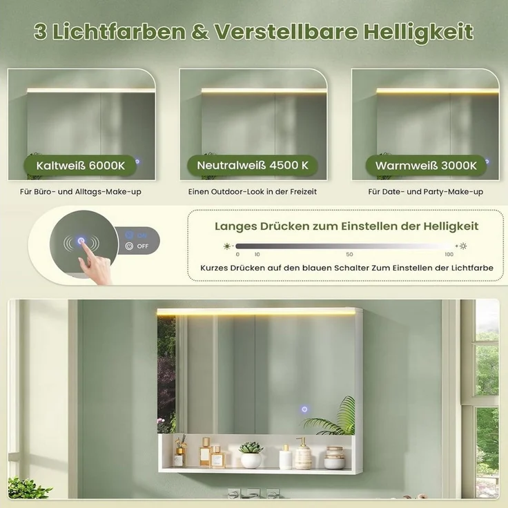 MSMASK Badezimmerspiegelschrank mit LED-Beleuchtung und Steckdose, Offenes Regal, 80 x 19,5 x 75.5 cm (1-St) 3-stufig höhenverstellbare Ablage – Bild 4