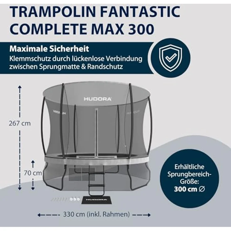 HUDORA Trampolin Fantastic Complete Max - Gartentrampolin mit großem Eingang & 300cm Durchmesser - Sporttrampolin mit Rahmennetz & Leiter - Familien-Trampolin mit Randabdeckung für bis zu 120kg, grau – Bild 3