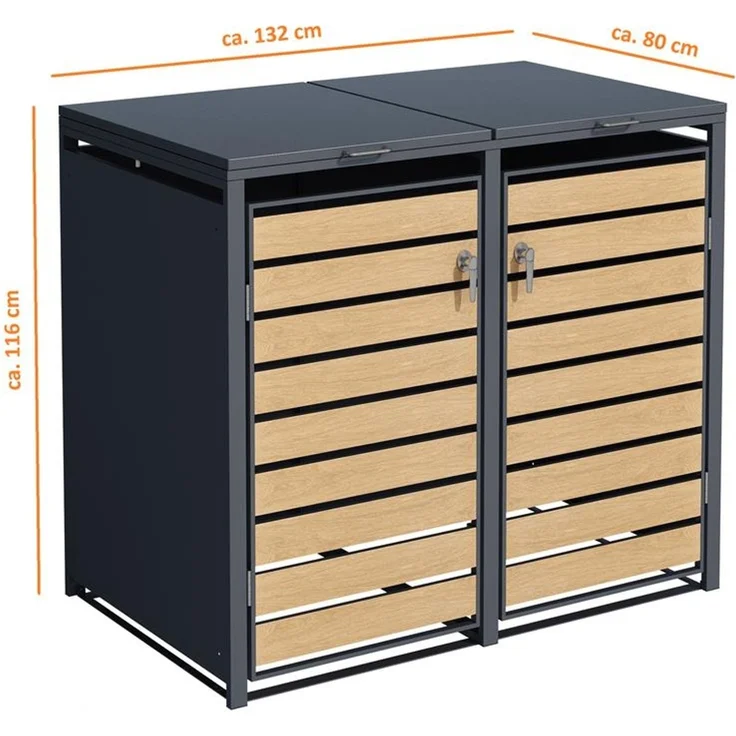 ESTEXO Mülltonnenbox 2 Türen, Anthrazit mit Holzdekor – Bild 2