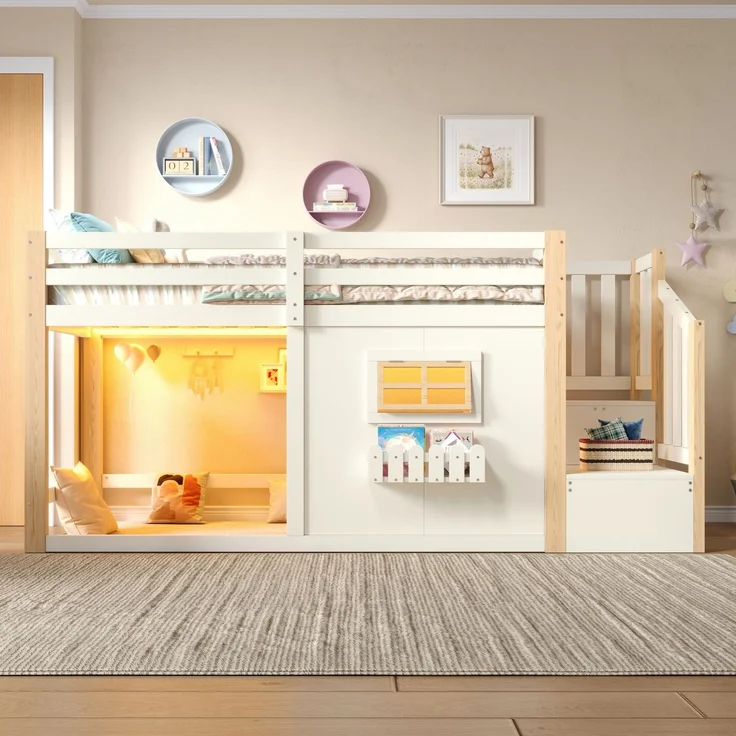 Merax Kinderbett, Hochbett, 90 x 200 cm, Kiefernholz, Fenster, Aufbewahrungsleiter, LED-Lichtleiste, Ohne Matratze, Natur + Weiß – Bild 5