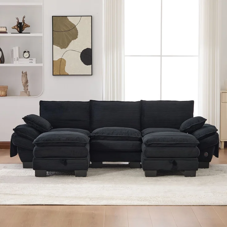 EINHOM Modulares 3-Sitzer Cordsofa (mit 2Hocker) – breite Sitzfläche, ergonomisches Design, hochdichte Schaumstoffpolsterung, USB-C-Anschluss und Seitentaschen. Ideal für Wohnzimmer, Büro oder Lounge. Schwarz – Bild 5