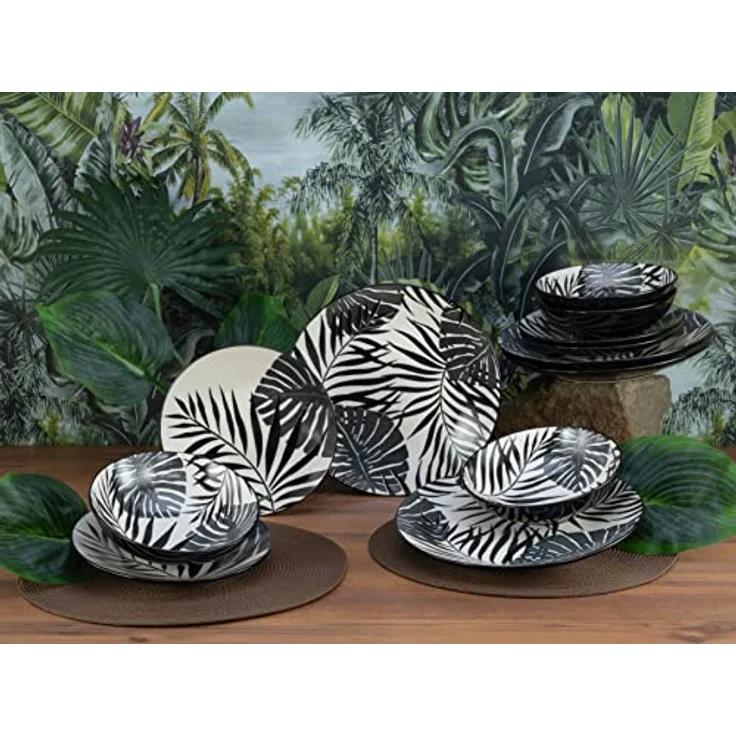 Creatable Kombiservice Tropicana Black, 12-teiliges Geschirrset aus Keramik in Schwarz und Weiß – Bild 2