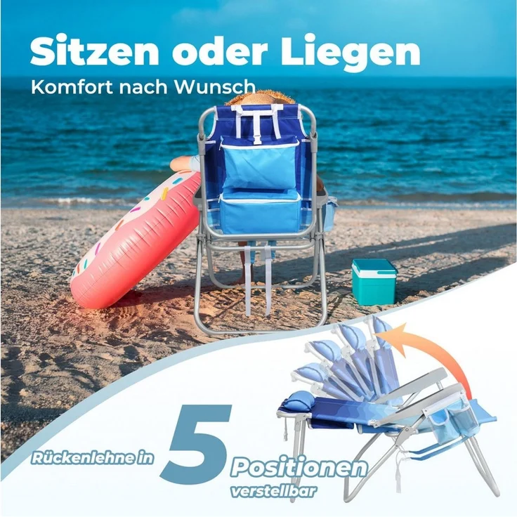 HOMECALL Klappstuhl Strandstuhl Leicht Klappbar Camping, 5-fach verstellbare Rückenlehne (Bis150KG Aluminiumrahmen, groBe Kuhitasche und Aufbewahrungstasche, 2 St), Seitentaschen, Kopfstütze, Schultergurten, Handtuchhalter – Bild 2
