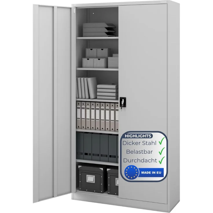 Aktenschrank abschließbar KADO - 6 Ebenen verstellbar, Flügeltüren | Metallschrank Werkstatt Mehrzweckschrank Büroschrank aus Stahl Werkzeugschrank, 220 x 115 x 40 cm Grau – Bild 1