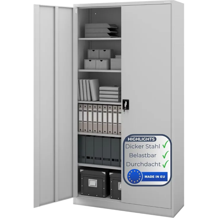 Aktenschrank abschließbar KADO - 6 Ebenen verstellbar, Flügeltüren | Metallschrank Werkstatt Mehrzweckschrank Büroschrank aus Stahl Werkzeugschrank, 220 x 115 x 40 cm Grau