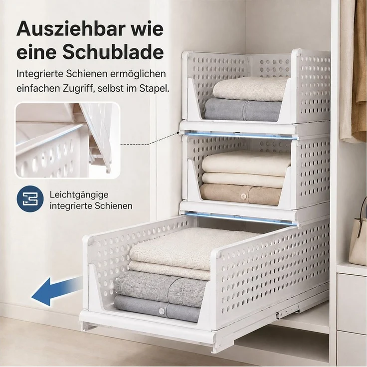 BlingBin Aufbewahrungskorb 3er Set Aufbewahrungskörbe stapelbare, Schrank Organizer (ordnungssystem, 3 St, 3tlg), ausziehbar Aufbewahrungsbox, für Bad Küche Schlafzimmer, Weiß – Bild 4