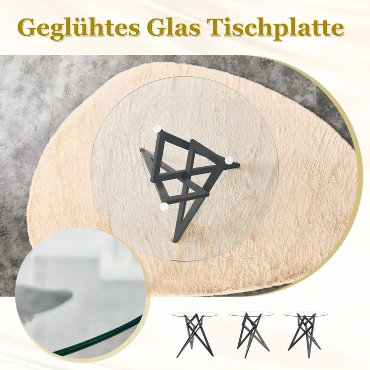 Runder Glas-Couchtisch Ø ca. 85 cm, moderner Wohnzimmertisch mit geometrischem Design-Untergestell, gehärtete Glasplatte, stabiler Beistelltisch für Wohnzimmer – Bild 6