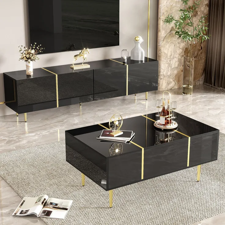 Moderner Hochglanz-Schwarz TV-Schrank und Couchtisch Set--Schwarz--96.52x43.18x21.84cm--YOUDENOVA
