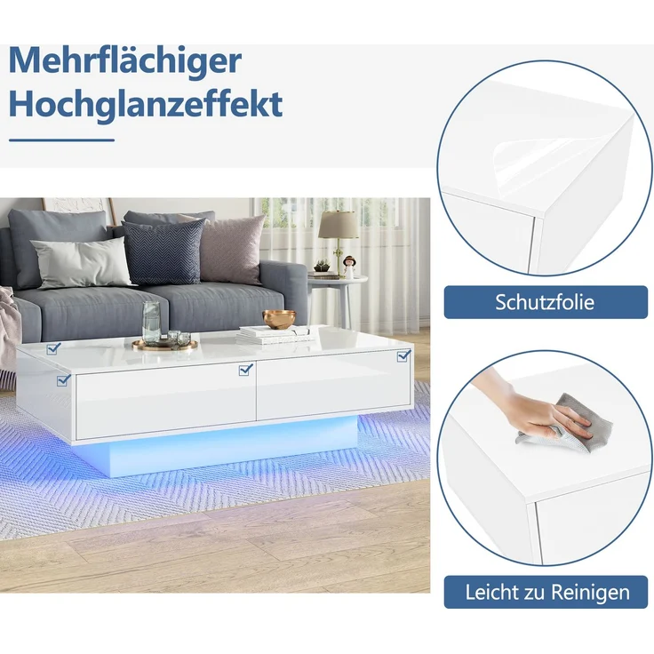 Merax Moderner Hochglanz Couchtisch in Weiß, 115 x 55 x 34 cm, mit 2 Schubladen, LED-Beleuchtung und 30 kg Tragkraft – Eleganter Wohnzimmertisch – Bild 6