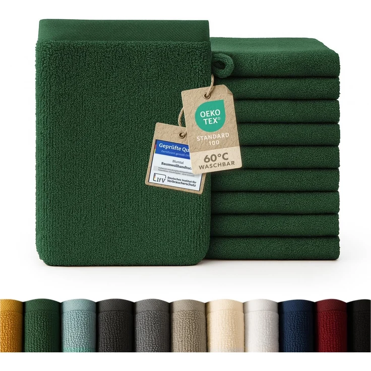 Blumtal Waschhandschuh 10er Set aus Frottee 15x20 cm - weich und saugstark, (Set), mit modischer Bordüre und praktischer Aufhängeschlaufe, 100% Baumwolle – Bild 1