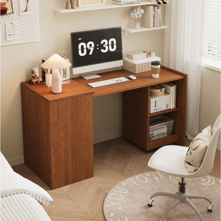 Schreibtisch aus Spanplatte, klappbar mit 4 Ablagefächern & Rollen, 126x55x75 cm, Walnuss – Bild 2