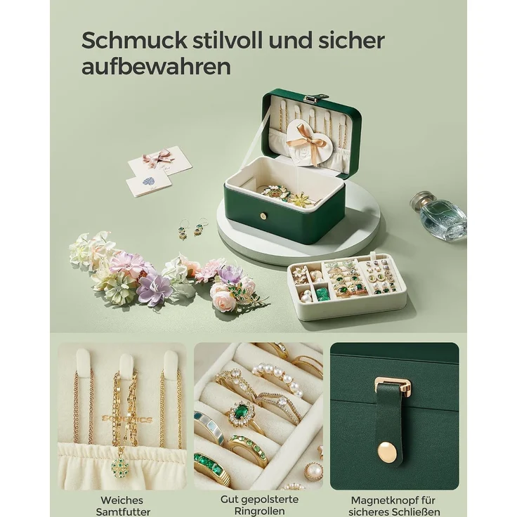 SONGMICS Schmuckbox, 2 Ebenen, aus PU, Schmuckkasten, waldgrün – Bild 6