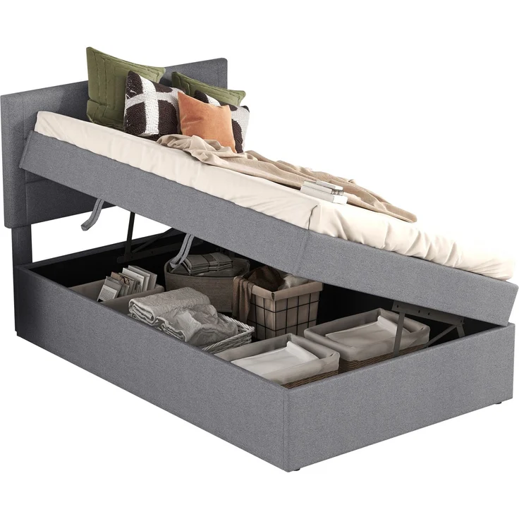 EINHOM Polsterbett, 90 x 200 cm, Einzelbett mit Lattenrost aus Metallrahmen, Großer Stauraum, Geeignet für Erwachsene und Jugendliche, Leinen + MDF, Grau (Ohne Matratze) – Bild 5
