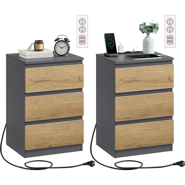 VASAGLE Nachttisch mit Steckdosenleiste, 2er Set, Beistelltisch, 3 Schubladen, 2 AC-Steckdosen, 2 USB-A-Anschlüsse, Wohnzimmer, Schlafzimmer, Arbeitszimmer, modern, schiefergrau-naturbraun LET831G01 – Bild 1
