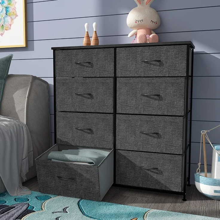 YITAHOME kommode mit Schubladen, Schrank mit 8 Schubladen aus Stoff, Modernen Stil, Stabiler Metallrahmen, Holztischplatte, Aufbewahrungskommode für Schlafzimmer, Wohnzimmer, Flur, Schwarz und Grau – Bild 8