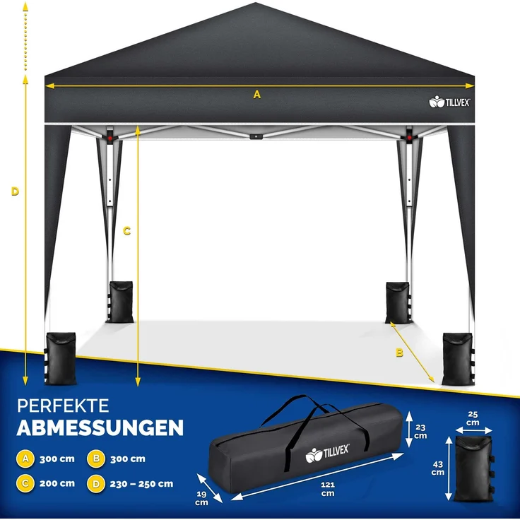 tillvex Pavillon 3x3m Grau wasserdicht mit 2 Seitenteilen + 4er Set Sandsäcke | Pop-Up Faltpavillon stabil & höhenverstellbar | Gartenzelt UV Schutz 50+ | Partyzelt mit Tasche für Garten – Bild 2