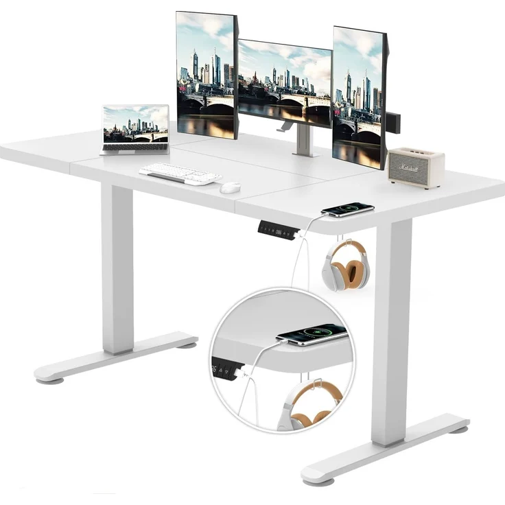 TRIUMPHKEY Höhenverstellbarer Schreibtisch 140x70, 18mm Tischplatte & USB-A | Schreibtisch Höhenverstellbar mit 3 Memory-Steuerung,Sitz‑Erinnerung & Kabelmanagement, Computertisch,Standing Desk,Weiß