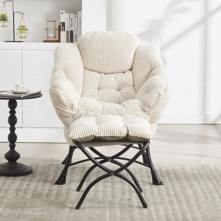 LVHOM Relaxsessel mit Hocker, Loungesessel mit Seitentasche, Lesesessel aus Cordstoff, bequem gepolstert, Metallgestell, bis 180kg belastbar, Weiß – Bild 10