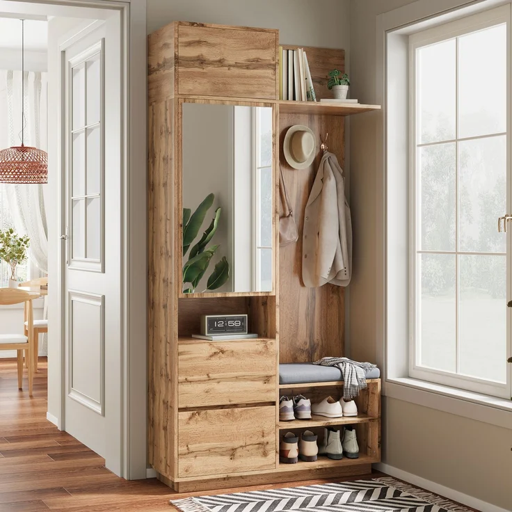 Kompaktgarderobe mit Spiegel und Sitzbank,Flurgarderobe mit Schuhschrank und Haken, Kleiderhaken,Kompaktgarderobe,Flurmöbel Set,Flurgarderobe – Bild 6