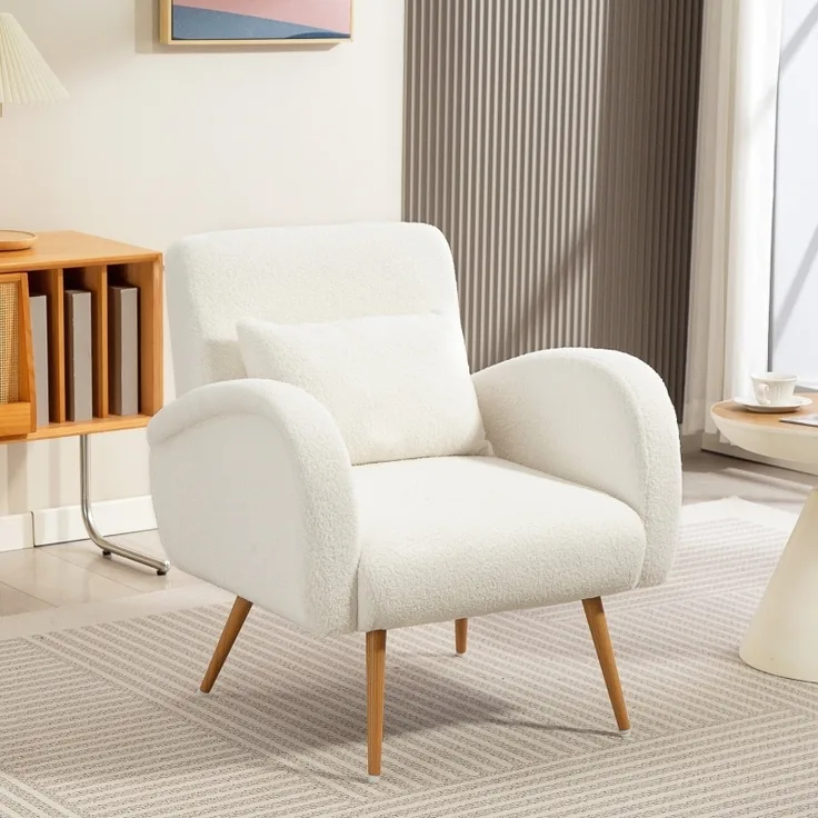 Relaxsessel Mit Fleece Bezug & Lendenkissen - Loungesessel Lesesessel Mit Metallbeinen Holzoptik, Cremeweiß