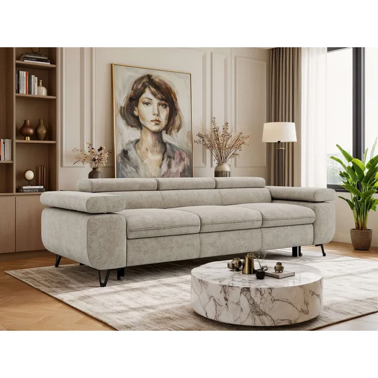 Polstersofa PETER, Sofa 3-Sitzer mit Schlaffunktion, verstellbaren Armlehnen und Kopfstütze, Gepolsterte Couch, Wellenfeder - Beige Struktur