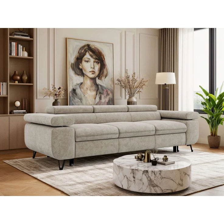 Polstersofa PETER, Sofa 3-Sitzer mit Schlaffunktion, verstellbaren Armlehnen und Kopfstütze, Gepolsterte Couch, Wellenfeder - Beige Struktur – Bild 1