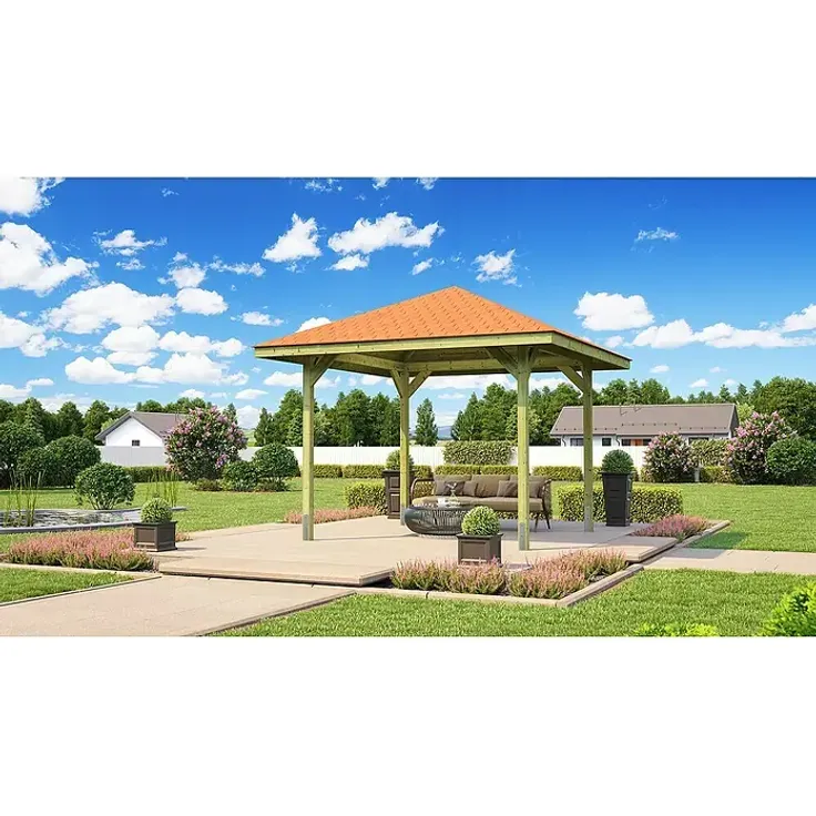 Weka Pavillon Gartenoase 651, 333 x 333 cm, Kiefernholz mit rotem Dachschindeln, kesseldruckimprägniert