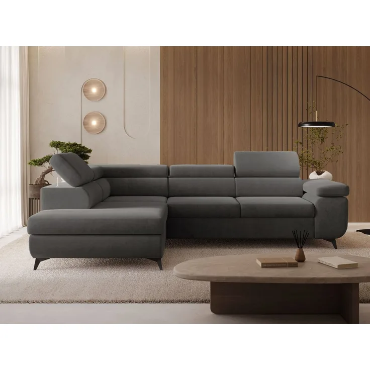 GRAINGOLD Ecksofa mit Bettfunktion, Bettkasten, Einstellbaren Kopfstützen, Velvet-Stoff, Dunkelgrau, Links