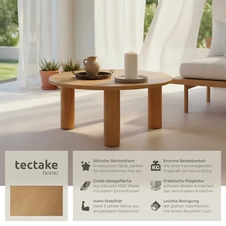 tectake Couchtisch Sofatisch "Sisi", Beine aus Massivholz, besonders pflegeleicht (1-St, 1 tlg), Stilvoller Couchtisch in Rundform mit Schutzlackierung – Bild 4