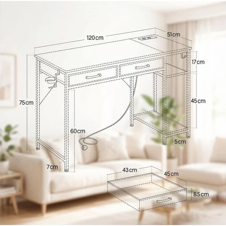 Schreibtisch mit Stoffschubladen & Ladestation, 120x51x75 cm, Rustik Braun – Bild 5