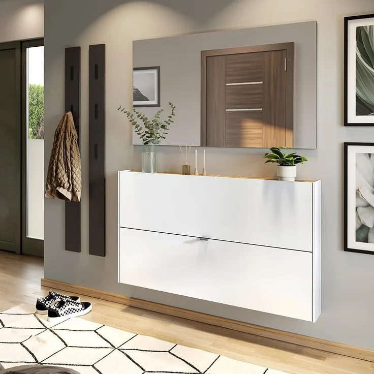 Lomadox Schuhschrank ABERDEEN-01 140 cm breit, in weiß mit Eiche, wandhängend, 2 Klappen – Bild 5