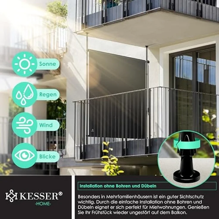 KESSER® Klemmmarkise Senkrechtmarkise außen Ausziehbar & Blickdicht | Vertikalmarkise mit Handkurbel ohne Bohren | Balkon-Sichtschutz & Windschutz für Garten & Terrasse Wasserfest Anthrazit, 200 x 310 cm – Bild 4