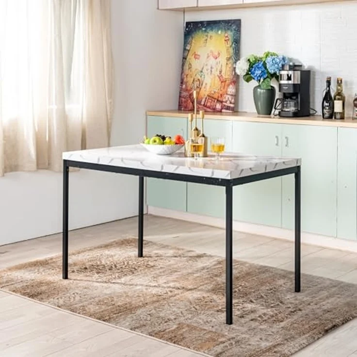 FurnitureR Weißer Marmortisch, rechteckig, 120 cm lang, für 4-6 Personen, modernes minimalistisches Design, Dicke Holzoberfläche mit Metallrahmen, Elegantes Centerpiece für Zuhause oder Büro, Outdoor – Bild 6