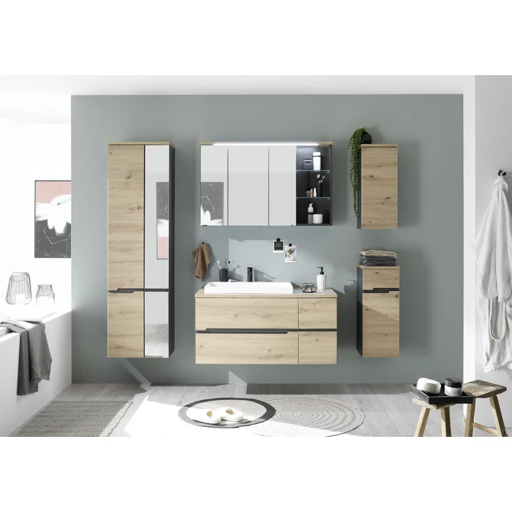 Badezimmerspiegelschrank >Memphis< Grau / Artisan Eiche Dekor - 110x70x20 (BxHxT) – Bild 7