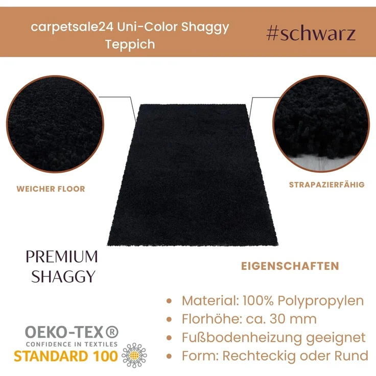 Carpetsale24 Shaggy Hochflor Teppich Wohnzimmer 120x170 cm Schwarz - Modern Flauschiger Teppich Extra Weich, Pflegeleicht und Einfarbig - Ideal als Teppich für Schlafzimmer, Esszimmer und Küche – Bild 3