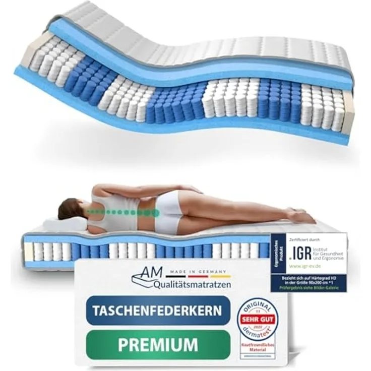 AM Qualitätsmatratzen Hochwertige 7-Zonen Taschenfederkernmatratze 120x180 cm - 24 cm Premiumhöhe - Tonnentaschenfederkernmatratze 120x180 cm - H3