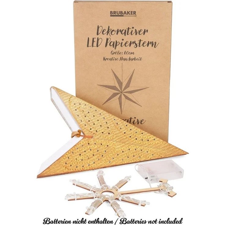 BRUBAKER LED Stern 60 cm Papier Weihnachtsstern zum Aufhängen - LED Adventsstern, Hängender Leuchtstern - Beleuchtbar mit Batterie, LED fest integriert, Warmweiß, Weihnachtsdeko für Fenster - 3D Papierstern mit Timer-Funktion – Bild 3