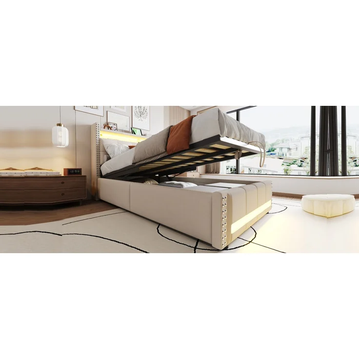 EINHOM Polsterbett Kinderbett 90 x 200 cm mit LED-Beleuchtung und USB-Steckdose, Kopfteil mit Einlegeböden und Stauraum, mit Hydraulik für die Lagerung, Einzelbett, Leinenstoff Beige, (Ohne Matratze) – Bild 7