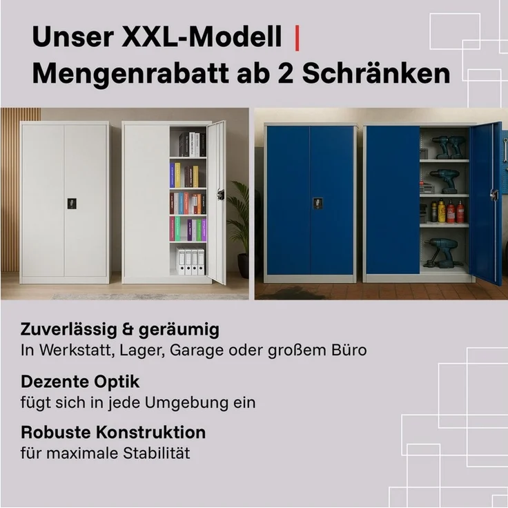 LagerZwei Aktenschrank Stahlschrank 195x100x50 cm (1-St) 3-fach verriegelt, 4 Böden, bis 60 Ordner, Flügeltüren 130° – Bild 4