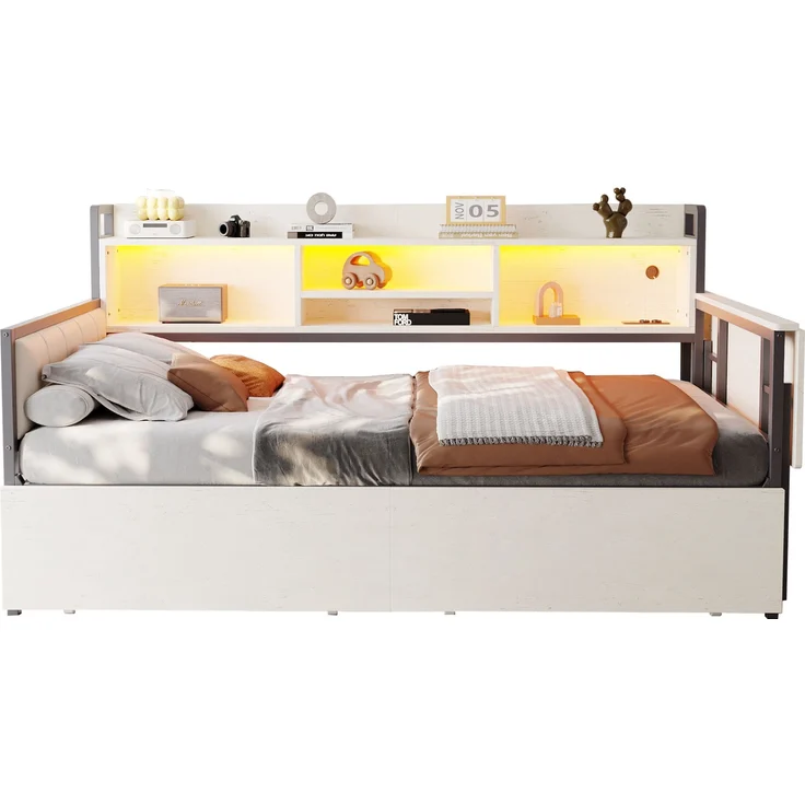 Bett 90x200 cm mit Stauraum und LED-Beleuchtung – Einzelbett aus Metall mit ausziehbarem Schreibtisch – Bild 9