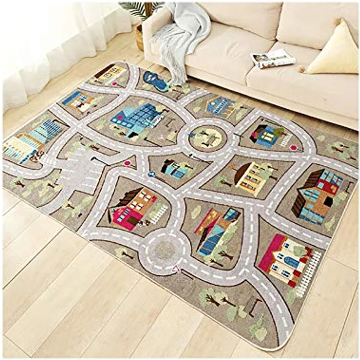 TYKTZXY Kinderteppich Spielen Teppich Straße Auto Tier Universum Blau Grün Grau(200×300cm,78×118inch) – Bild 2