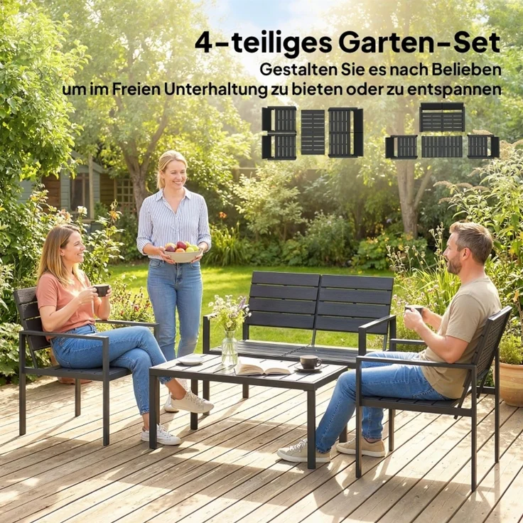 Gartenmöbel Set Sitzgruppe für 4 Personen Gartenlounge mit 2er Sofa 2 Sessel Beistelltisch Lamellendesign Schwarz--Schwarz--104x71x76.5cm--YOUDENOVA – Bild 7