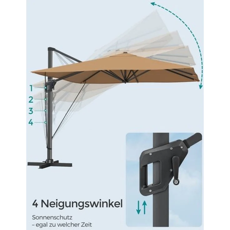 Songmics Sonnenschirm mit Ständer, 360° drehbar, UPF 50+, Khaki, 253 x 290 x 290 cm – Bild 5