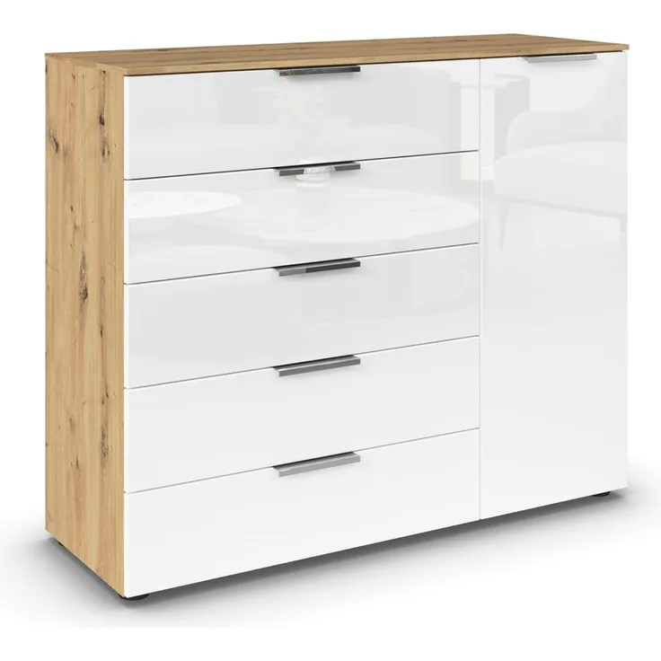Rauch Möbel Flipp, Kombikommode, Kommode mit Stauraum für Wohnzimmer, Schlafzimmer, Flur, 2 Fachböden, Eiche Artisan/Glasfront Weiß, 1-türig, 5 Schubkästen, Griffe chrom, 120 x 100 x 42 cm