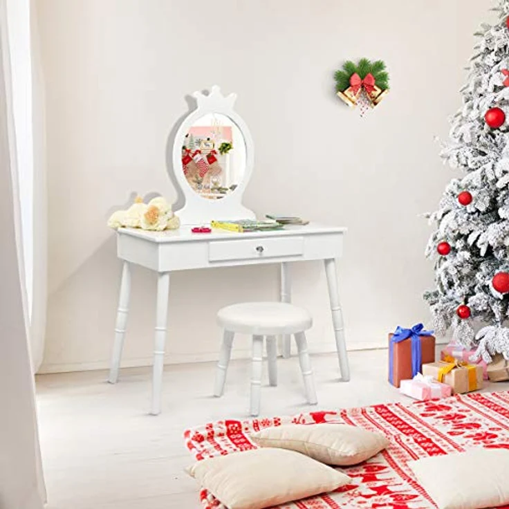 COSTWAY Kinder Schminktisch mit Hocker und abnehmbarem Spiegel, Holz weiß, 34 x 70 x 100 cm – Bild 9